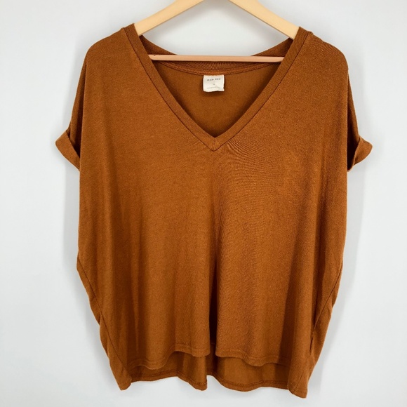 Mod Ref Womens Top Size Medium Caramel Brown V Neck Slouchy Soft Stretch Tee - Picture 1 of 8